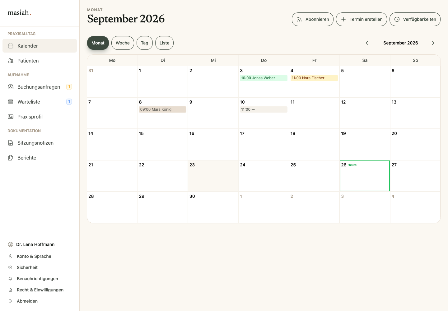 Masiah Praxis-Dashboard mit dem Kalender für September 2026 und fiktiven Terminen.