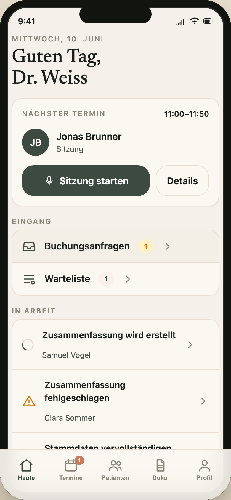 Designvorschau der Therapeut:innen-App mit fiktivem Tagesplan.
